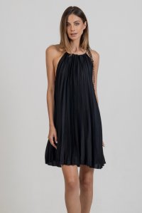 Satin pleated mini dress with knitted details black