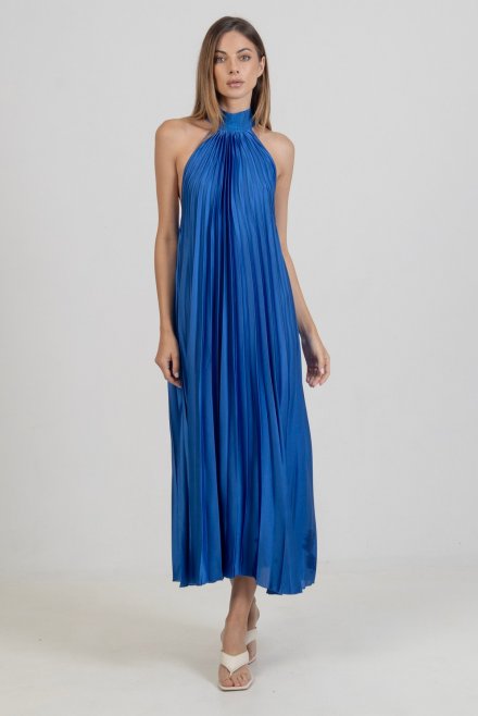 Σατέν πλισέ μιντι φόρεμα με πλεκτές λεπτομέρειες royal blue