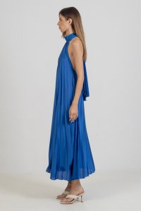 Satin pleated midi dress with knitted details royal blue