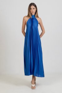 Satin pleated midi dress with knitted details royal blue
