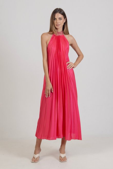 Satin pleated midi dress with knitted details fuchsia