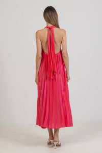 Satin pleated midi dress with knitted details fuchsia