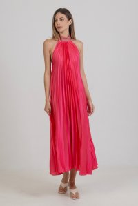 Satin pleated midi dress with knitted details fuchsia