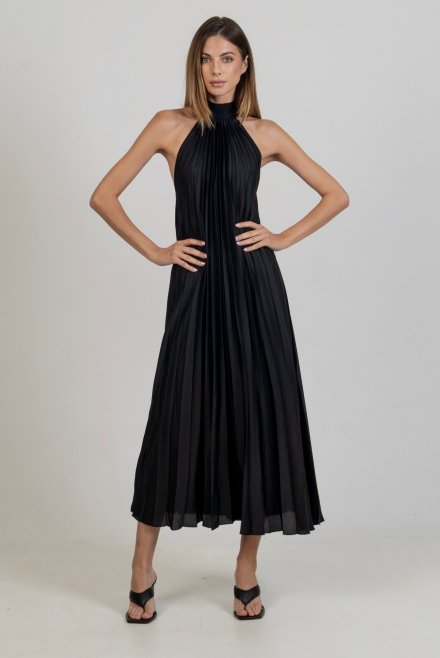 Satin pleated midi dress with knitted details black