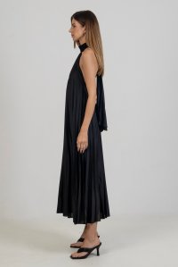 Satin pleated midi dress with knitted details black