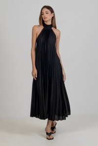 Σατέν πλισέ μιντι φόρεμα με πλεκτές λεπτομέριες black