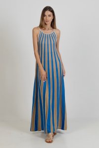 Lurex πολύχρωμο μακρύ φόρεμα με παρτούς ώμους royal blue  -tan gold -beige gold