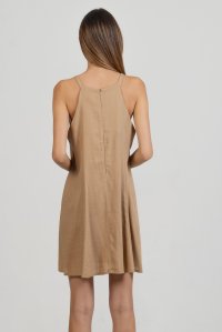 Linen blend mini dress with knitted details camel