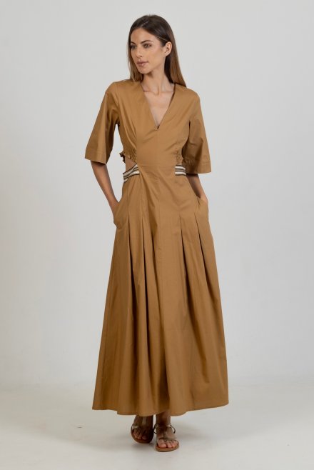 Poplin cut-out maxi dress with knitted details camel