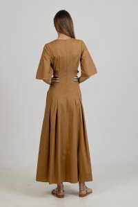Poplin cut-out maxi dress with knitted details camel
