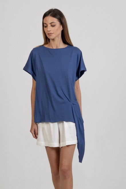 Organic cotton bottom side tying T-shirt indigo