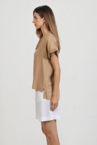 Linen blend blouse with knitted details camel