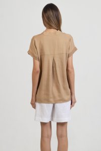 Linen blend blouse with knitted details camel