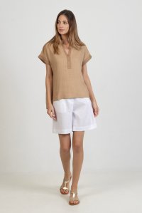 Linen blend blouse with knitted details camel