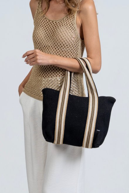 Cotton-lurex striped small tote bag black -tan gold -beige