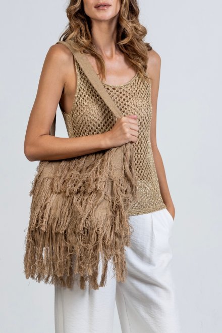 Cotton blend fringed tote bag warm sand