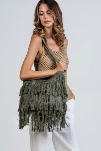 Cotton blend fringed tote bag khaki