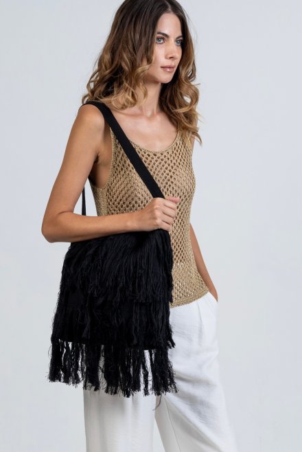 Cotton blend fringed tote bag black