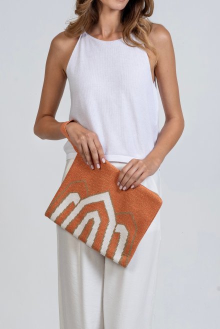 Cotton-lurex geometric pattern clutch bag orange-tan gold -ivory