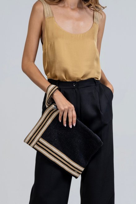 Cotton-lurex striped clutch bag black -tan gold -beige
