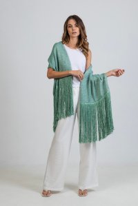 Metallic knit fringed stole teal