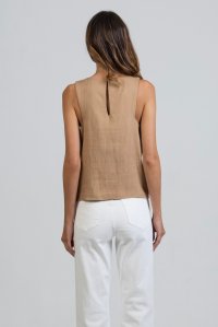 Linen blend v-neck top with knitted details camel
