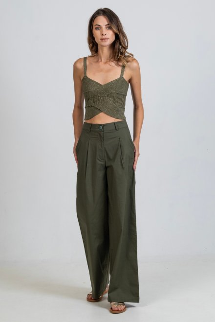 Poplin pleated pants khaki