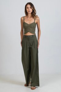 Poplin pleated pants khaki