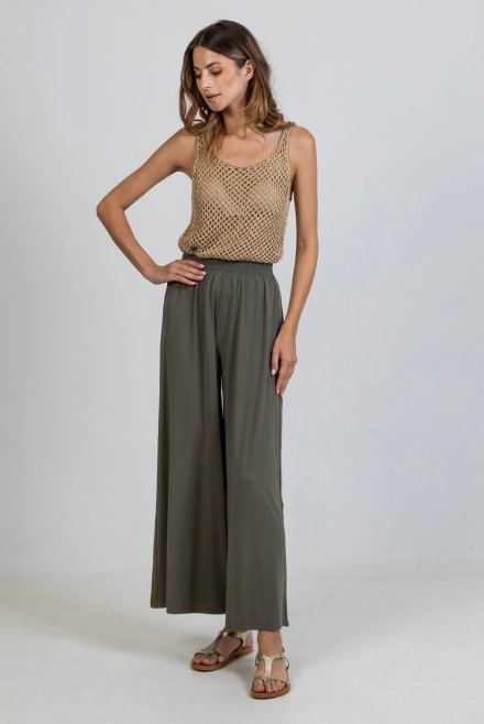 Jersey wide leg pants with knitted details khaki