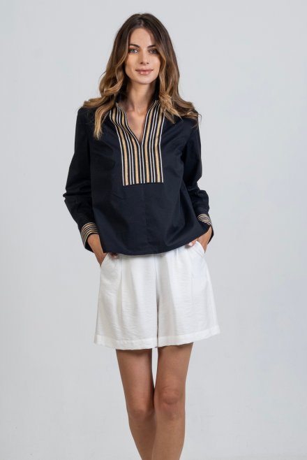 Poplin long sleeved shirt with knitted details black