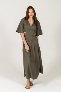 Poplin cut-out maxi dress with knitted details khaki