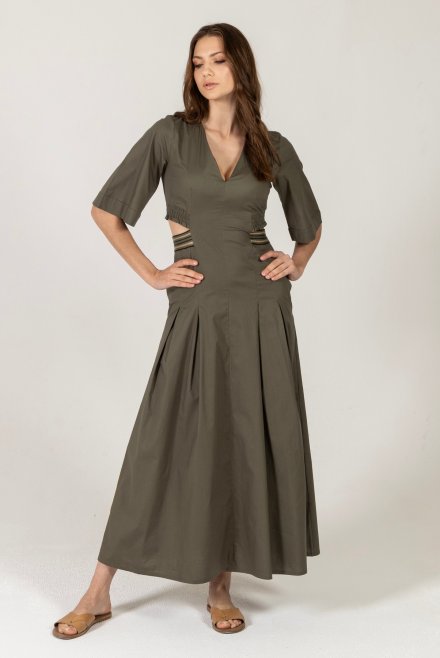 Poplin cut-out maxi dress with knitted details khaki