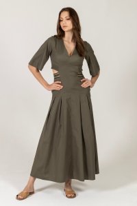 Poplin cut-out maxi dress with knitted details khaki