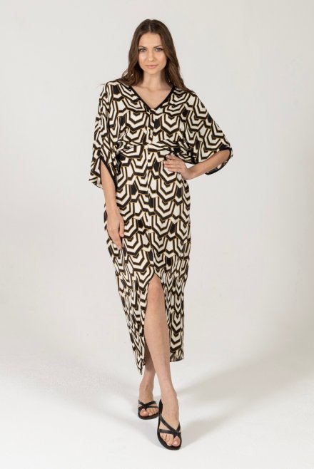 Satin printed tunic dress with knitted details black-ivory-gold