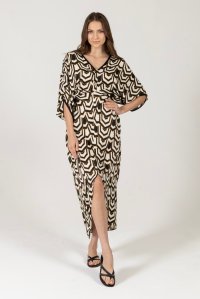 Satin printed tunic dress with knitted details black-ivory-gold