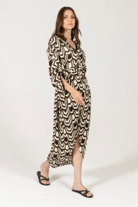 Satin printed tunic dress with knitted details black-ivory-gold