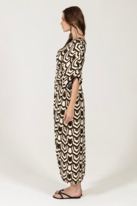 Satin printed tunic dress with knitted details black-ivory-gold