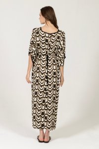 Satin printed tunic dress with knitted details black-ivory-gold