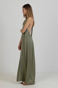 Satin maxi dress with knitted details khaki