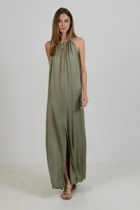 Satin maxi dress with knitted details khaki