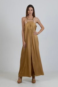 Satin maxi sleeveless dress with handmade knitted details gold