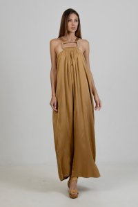 Satin maxi sleeveless dress with handmade knitted details gold