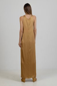 Satin maxi sleeveless dress with handmade knitted details gold