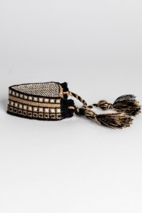 Cotton lurex bracelet with handmade details black-tan gold-ivory