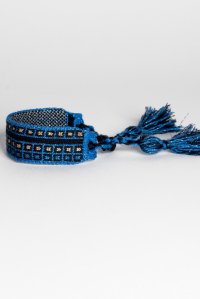 Cotton lurex bracelet with handmade details royal blue -black -tan gold