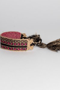 Cotton lurex bracelet with handmade details tan gold -black -fuchsia