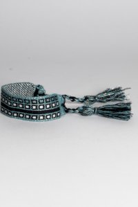 Cotton lurex bracelet with handmade details teal -tan gold -ivory