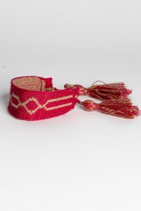 Cotton lurex jaquard three tone bracelet with handmade details fuchsia -tan gold -beige