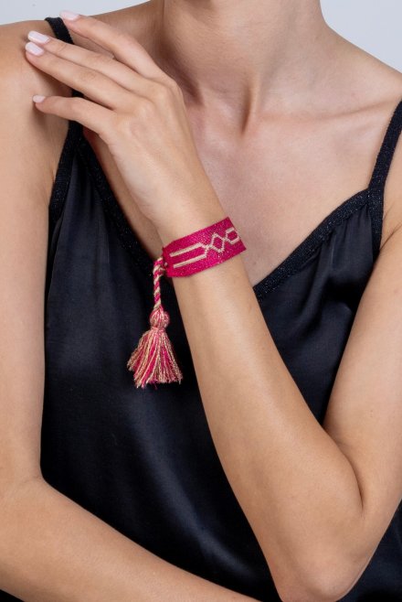 Cotton lurex jaquard three tone bracelet with handmade details fuchsia -tan gold -beige