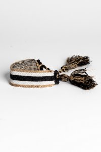 Cotton lurex striped bracelet with handmade details black -tan gold -beige